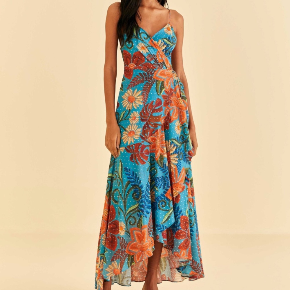 Farm Rio Blue Flower Dream Sleeveless Midi Dress